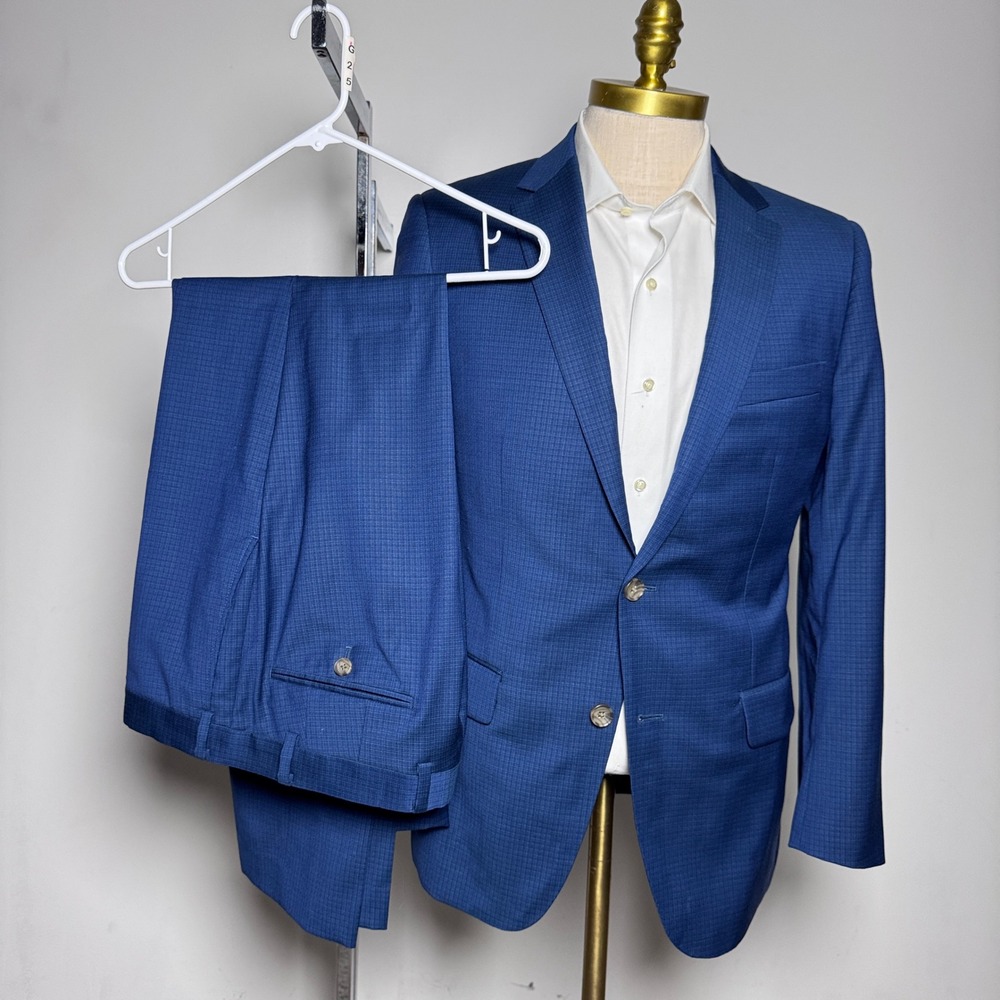 Indochino Suit Mens 38R 34W Blue Micro Check Wool 2-Button Slim Modern Business